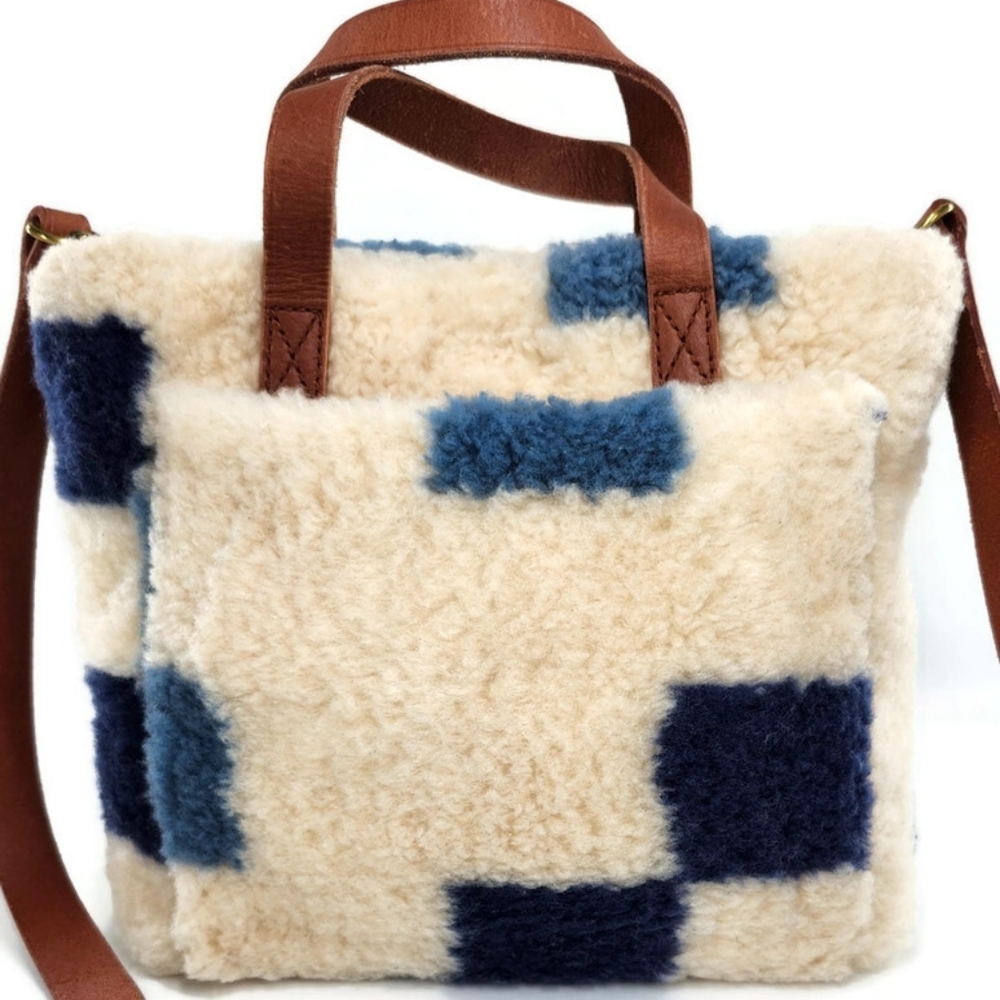 Madewell Transport White & Blue   Checkered Sherpa Small Satchel Crossbody Bag - Picture 2 of 14